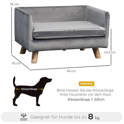 Samtsofa für kleine Hunde, Holzbeine, grau