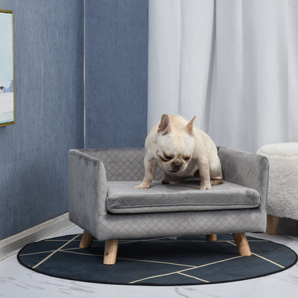 Samtsofa für kleine Hunde, Holzbeine, grau