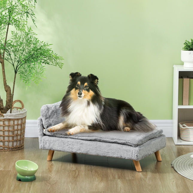 Canapé pour chien de taille moyenne, coussin amovible et lavable, canapé pour animaux avec pieds en bois, design surélevé, 20 kg, gris clair