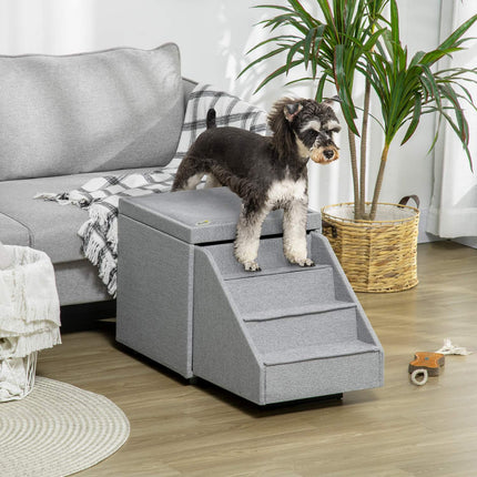 Haustiertreppe mit Stauraum – 4 Stufen, Polyester, Hellgrau