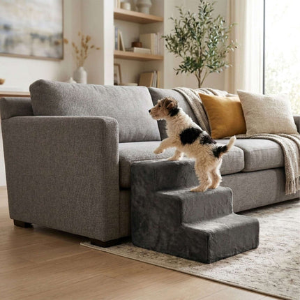 Hundetreppe, 3 Stufen – Grau, weicher Plüschbezug