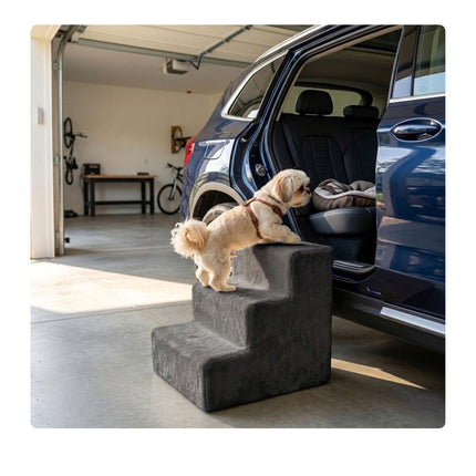 Hundetreppe, 3 Stufen – Grau, weicher Plüschbezug