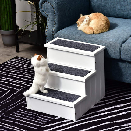 Pet stairs with carpet & storage, pine, white