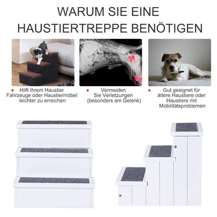 Pet stairs with carpet & storage, pine, white