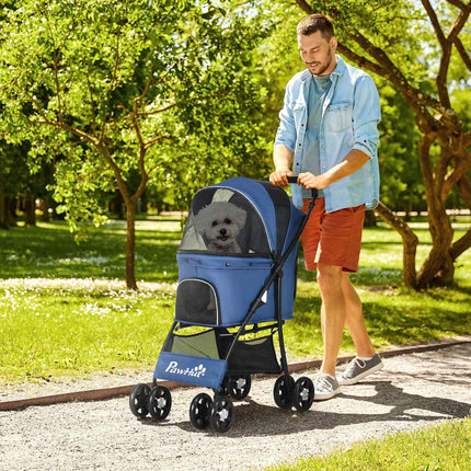 Collapsible dog and cat stroller with cushion and storage