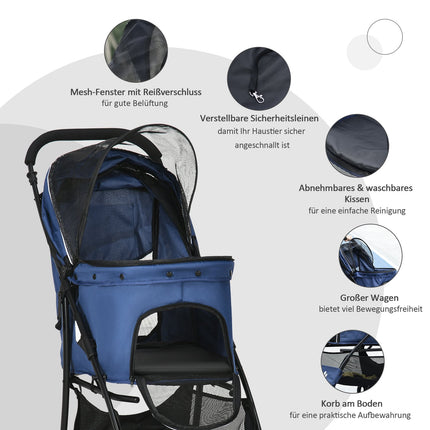 Collapsible dog and cat stroller with cushion and storage