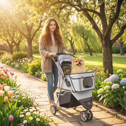 Dog Stroller, Foldable, Storage Basket, Cup Holder, 10 kg, Gray
