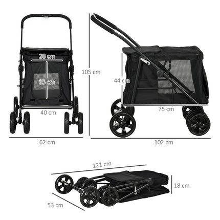 Poussette pliable pour chien avec poches latérales et fenêtre en maille pour petits et moyens chiens jusqu'à 20 kg, tissu Oxford noir
