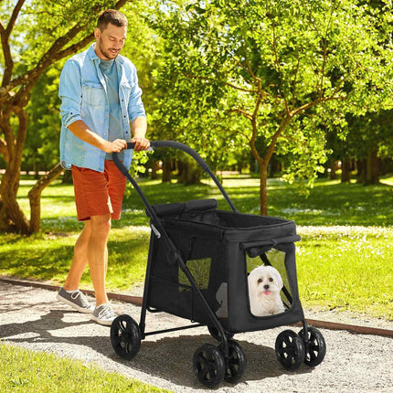 Poussette pliable pour chien avec poches latérales et fenêtre en maille pour petits et moyens chiens jusqu'à 20 kg, tissu Oxford noir