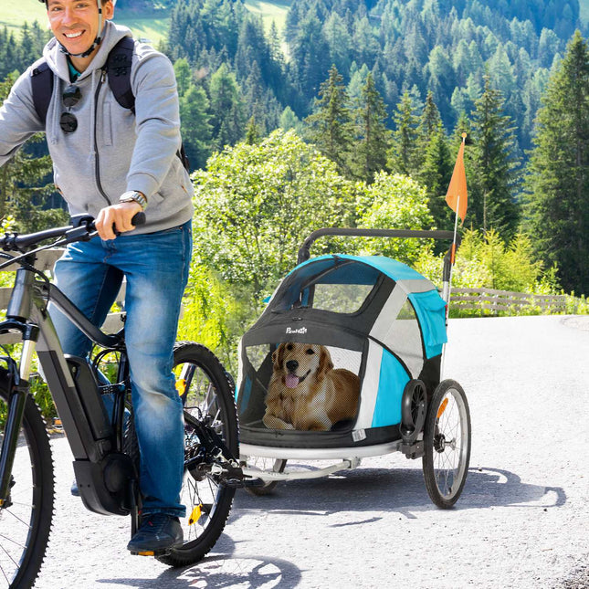 Zusammenklappbarer 2-in-1 Haustier Fahrradanhänger und Transporter, Blau/Silber