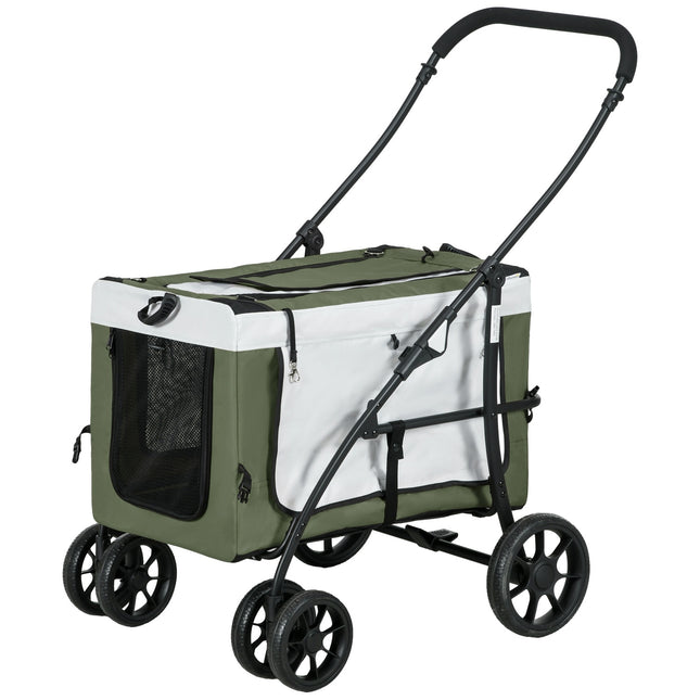 Hundebuggy, Haustier-Buggy, Hundewagen, faltbar, abnehmbarer Korb, 81 x 58 x 97,5 cm, Schwarz + Dunkelgrün + Weiß