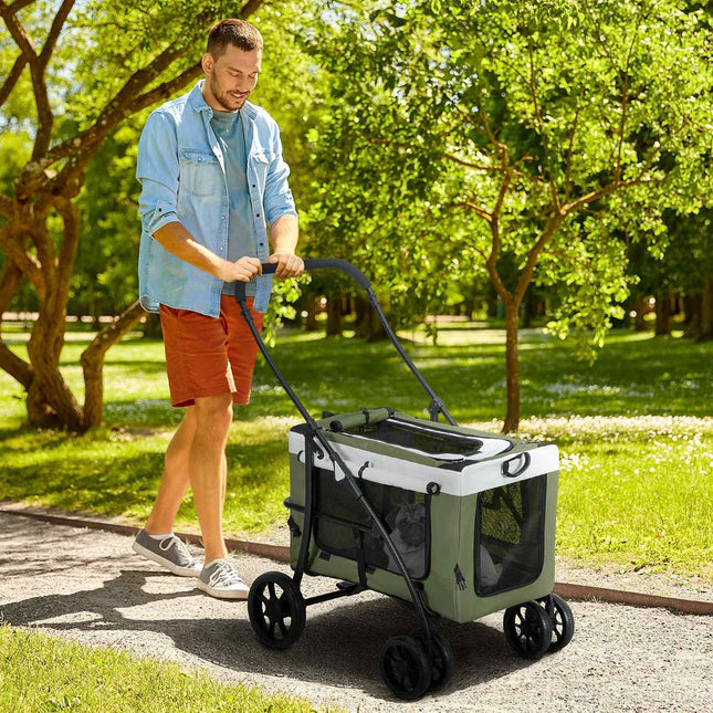 Hundebuggy, Haustier-Buggy, Hundewagen, faltbar, abnehmbarer Korb, 81 x 58 x 97,5 cm, Schwarz + Dunkelgrün + Weiß