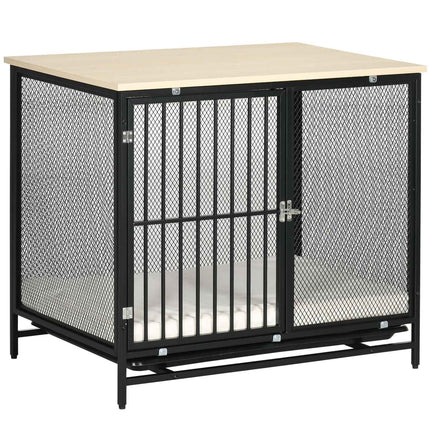 Dog cage with cushion, pull-out tray, oak & black, 80x55x71 cm