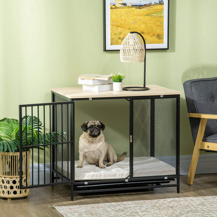 Dog cage with cushion, pull-out tray, oak & black, 80x55x71 cm