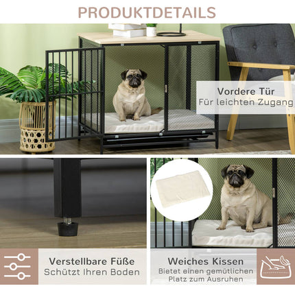 Dog cage with cushion, pull-out tray, oak & black, 80x55x71 cm