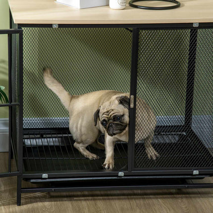 Dog cage with cushion, pull-out tray, oak & black, 80x55x71 cm