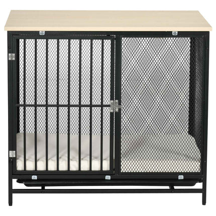Dog cage with cushion, pull-out tray, oak & black, 80x55x71 cm