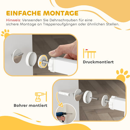 Schutzgitter aus weißem Stahl für Hunde und Katzen, 76-104 cm, Installation ohne Bohren