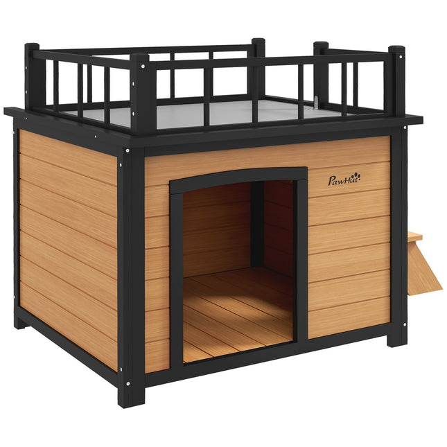 Hundehütte mit Balkon und Treppe – Fichte, gelb