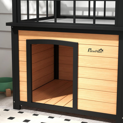 Hundehütte mit Balkon und Treppe – Fichte, gelb