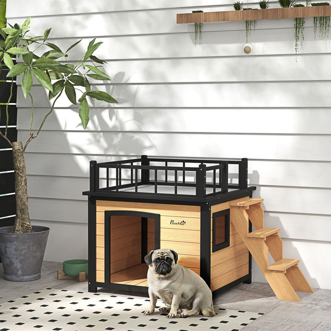 Hundehütte mit Balkon und Treppe – Fichte, gelb