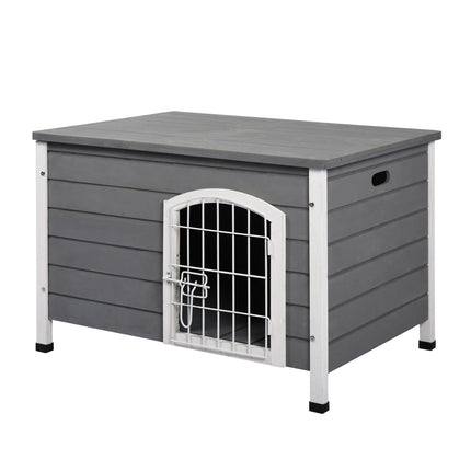 Waterproof outdoor dog house with door, gray spruce wood