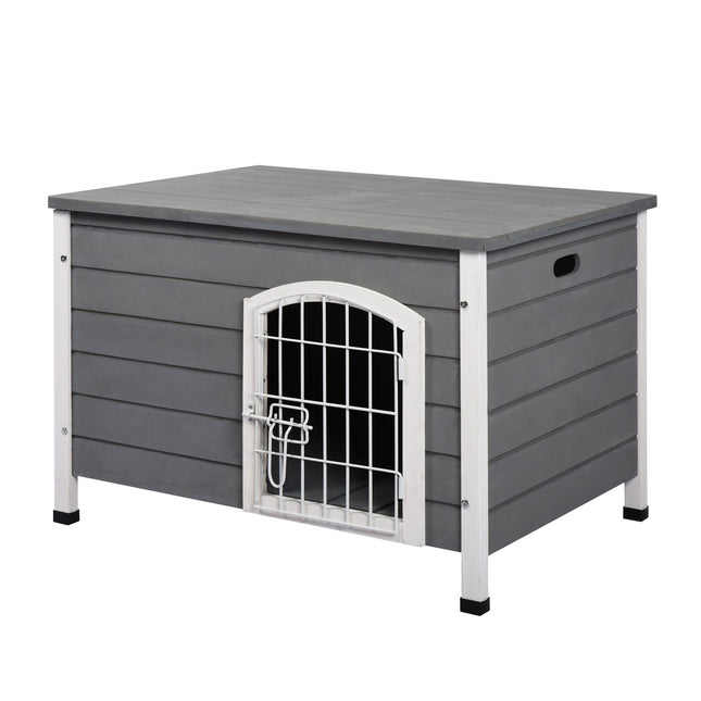 Niche pour chien, niche étanche avec porte, cage grillagée pour extérieur, sapin, gris, 80x55x53,5 cm