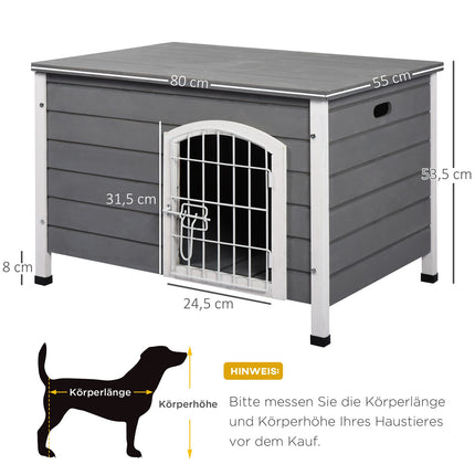 Waterproof outdoor dog house with door, gray spruce wood