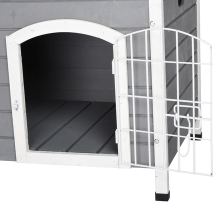 Waterproof outdoor dog house with door, gray spruce wood