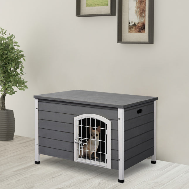 Niche pour chien, niche étanche avec porte, cage grillagée pour extérieur, sapin, gris, 80x55x53,5 cm