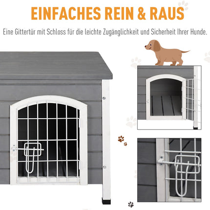 Waterproof outdoor dog house with door, gray spruce wood