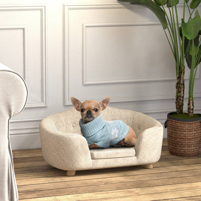 Plüsch-Hundesofa mit Kissen, Kiefernholzrahmen, cremeweiß