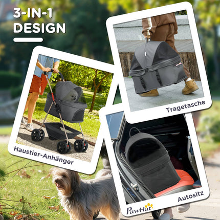 Zusammenklappbarer 3-in-1-Tierkinderwagen mit 360°-Rädern, grau