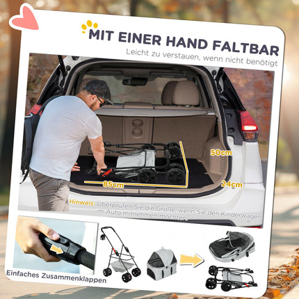 Zusammenklappbarer 3-in-1 Tierkinderwagen mit 360°-Rädern, hellgrau