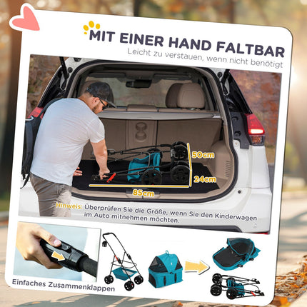 Zusammenklappbarer 3-in-1 Hunde- und Katzenbuggy mit Getränkehalter