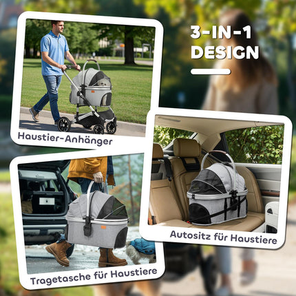 Hondenbuggy 3 in 1 hondenbuggy opvouwbaar voor honden en katten tot 10 kg kattenbuggy met kussen bekerhouder gaasramen deuren opbergmand kattenbuggy lichtgrijs Aosoom