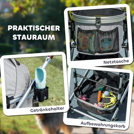 Hondenbuggy 3 in 1 hondenbuggy opvouwbaar voor honden en katten tot 10 kg kattenbuggy met kussen bekerhouder gaasramen deuren opbergmand kattenbuggy lichtgrijs Aosoom