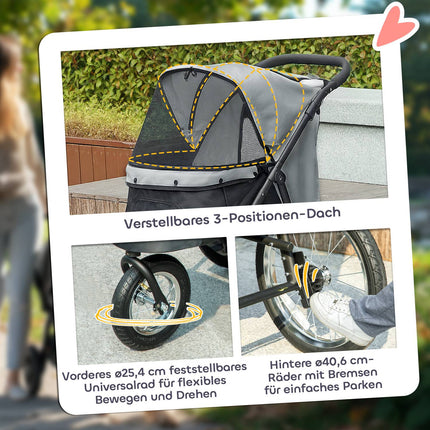 Zusammenklappbarer Hunde- und Katzenbuggy, 3-rädrig, bis 10 kg, grau