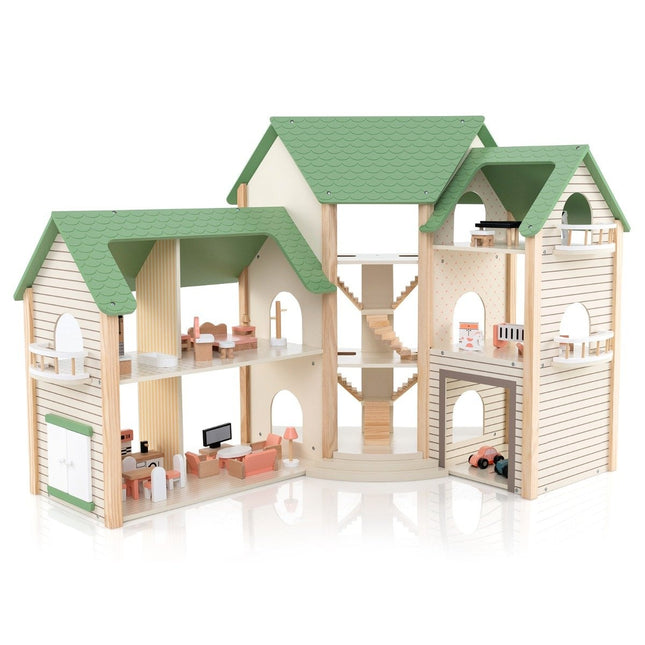 Puppenhaus mit Gründach &amp; 36 Zubehörteilen Spielset „Eckvilla“ aus Holz DIY Traumhaus