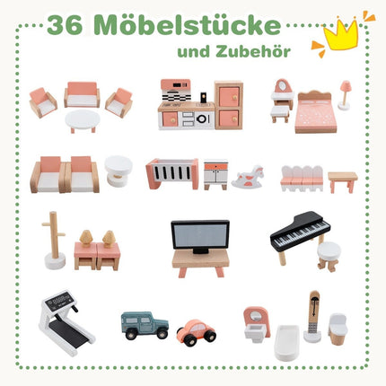 Dollhouse with green roof & 36 accessories playset “Corner Villa” made of wood DIY dream house