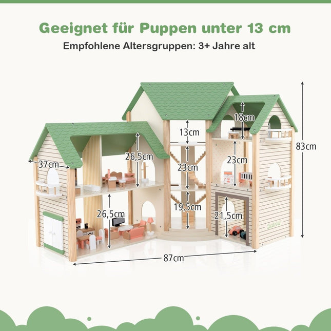 Puppenhaus mit Gründach &amp; 36 Zubehörteilen Spielset „Eckvilla“ aus Holz DIY Traumhaus