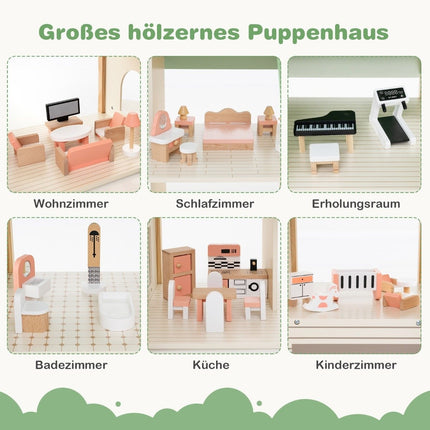 Dollhouse with green roof & 36 accessories playset “Corner Villa” made of wood DIY dream house