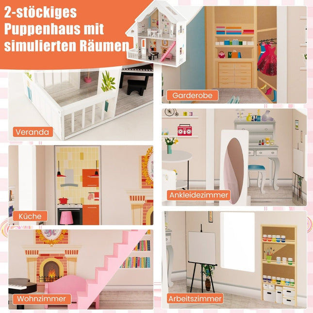 Puppenhaus Holz 2-stöckiges Puppenhaus mit Zubehör &amp; Möbeln 81 x 30 x 86 cm weiß