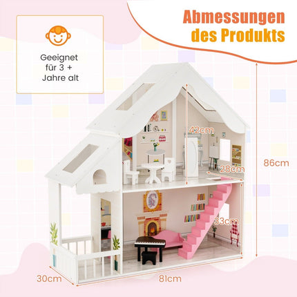 Puppenhaus Holz 2-stöckiges Puppenhaus mit Zubehör &amp; Möbeln 81 x 30 x 86 cm weiß