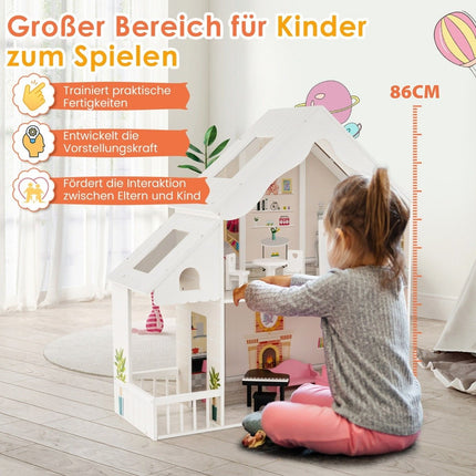 Puppenhaus Holz 2-stöckiges Puppenhaus mit Zubehör &amp; Möbeln 81 x 30 x 86 cm weiß