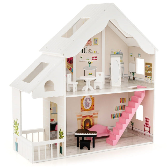 Puppenhaus Holz 2-stöckiges Puppenhaus mit Zubehör &amp; Möbeln 81 x 30 x 86 cm weiß