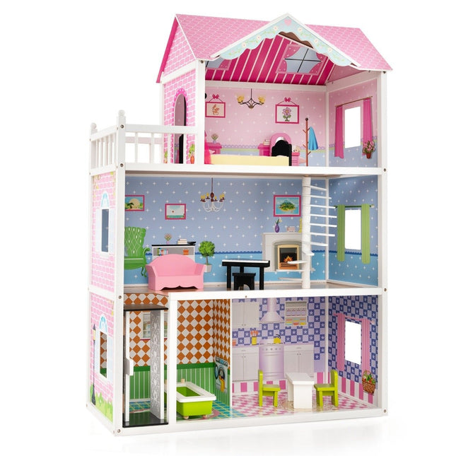 Puppenhaus Holzpuppenhaus mit Möbeln &amp; Zubehör 3-stöckiges Puppenhaus Spielzeug 80 x 33 x 114 cm