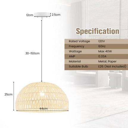 Pendelleuchte aus Papier mit Kuppelform, verstellbares Seil, Beige