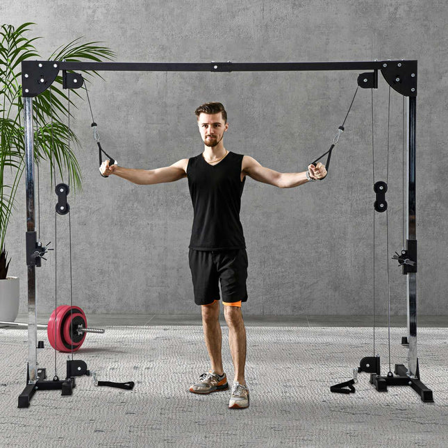 Kabelzug-Kraftstation für Zuhause, Gewichte bis 50 kg Last pro Seite einlegbar, Kabelzugstation mit Griffen, freistehender Kabelzugturm für Übungen Home Gym 245 x 207 cm