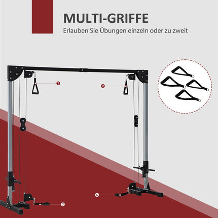 Kabelzug-Kraftstation für Zuhause, Gewichte bis 50 kg Last pro Seite einlegbar, Kabelzugstation mit Griffen, freistehender Kabelzugturm für Übungen Home Gym 245 x 207 cm